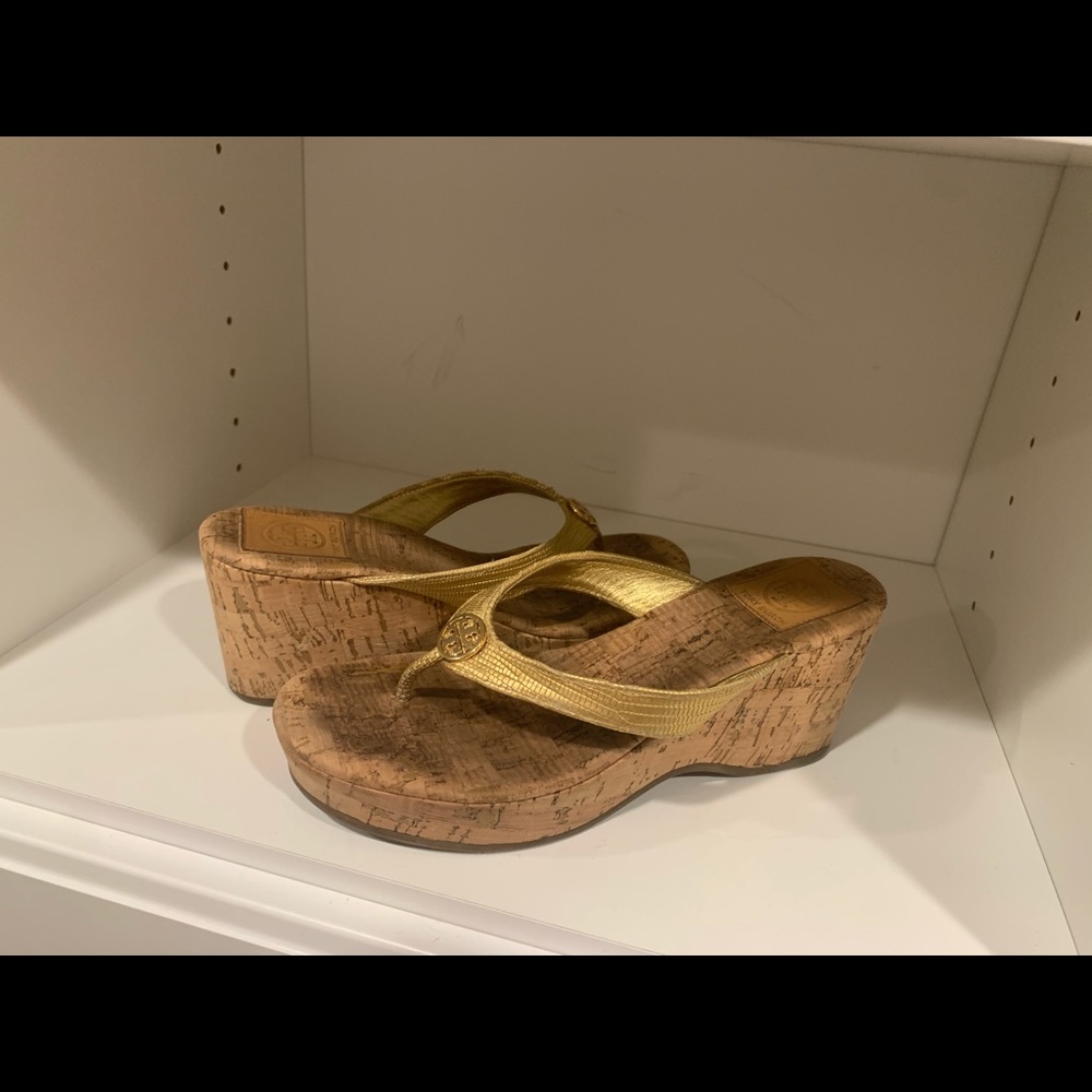 Gold Tory Burch Wedge Sandals 3”
